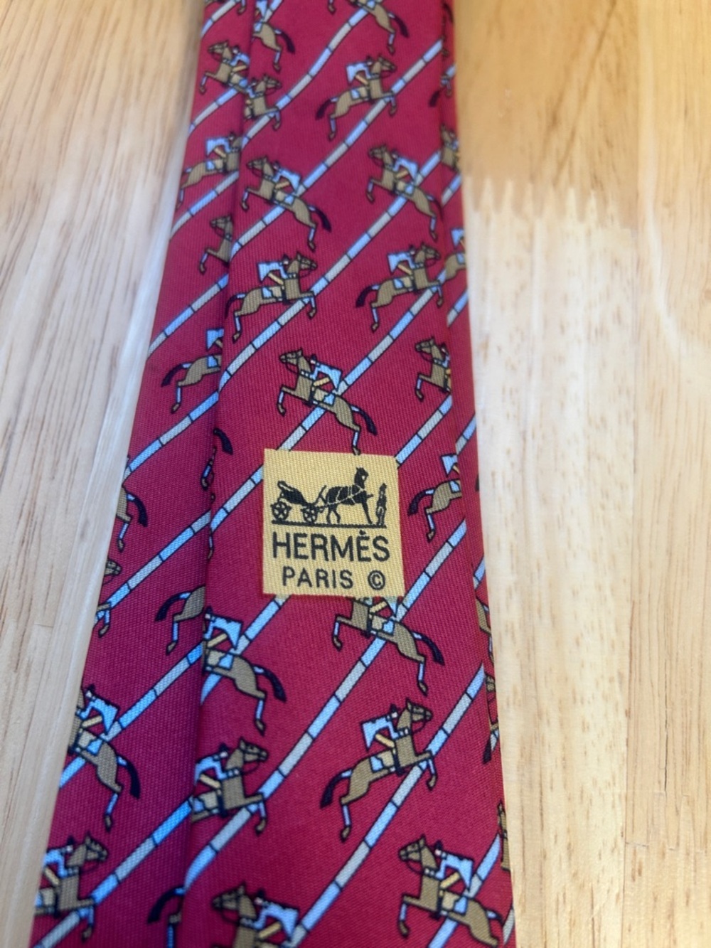 Hermes Paris 7385PA 100% Silk Necktie Tie Red Horse Racing 59" Made in France